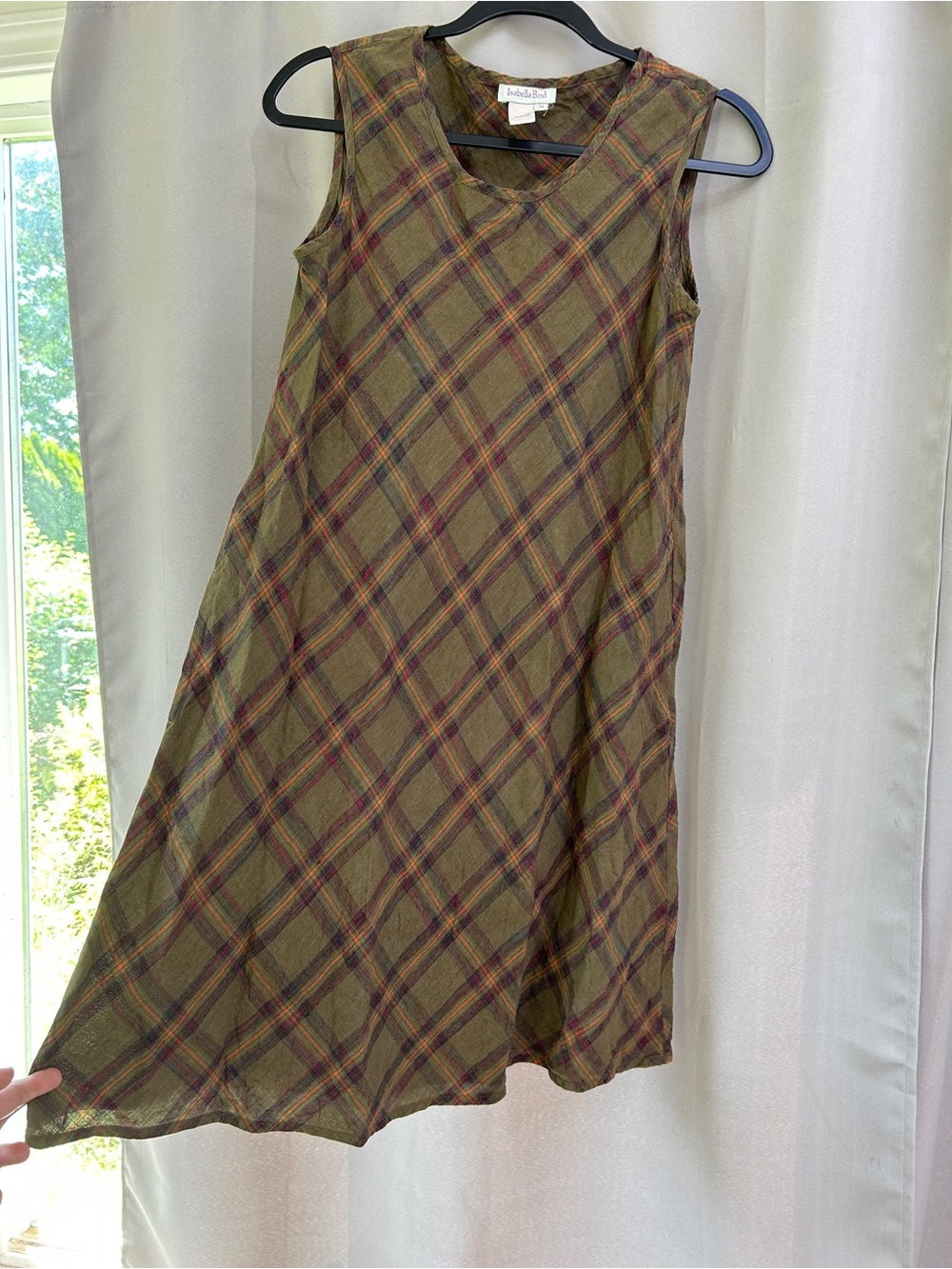 Anthropologie Isabella Bird linen dress sleeveless M plaid tartan shift pockets